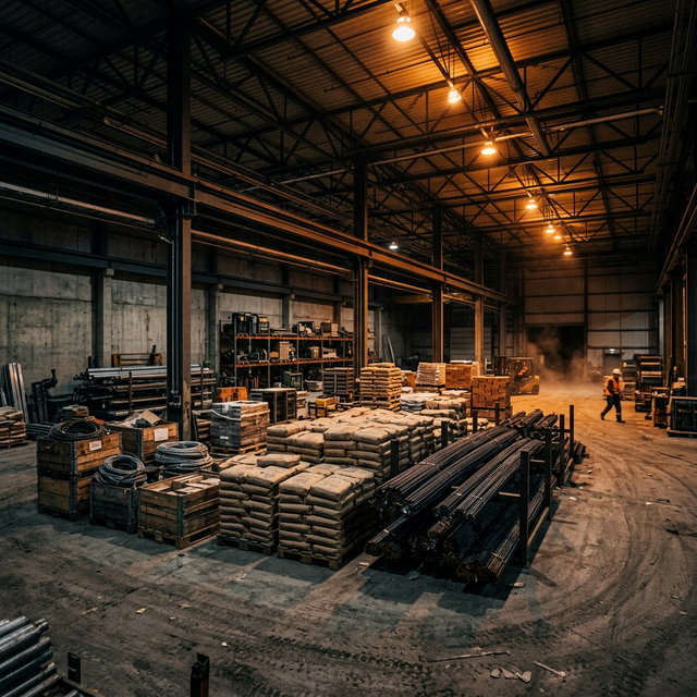 Industrial warehouse with construction materials